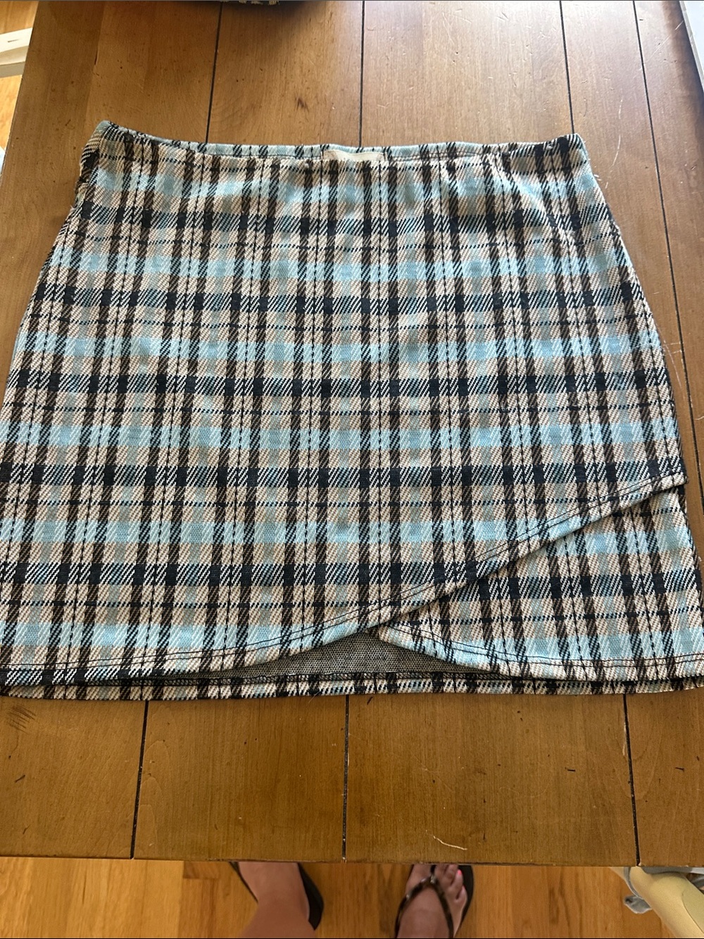 Altar'd State Plaid Mini Skirt in Light Blue, Black, and Cream